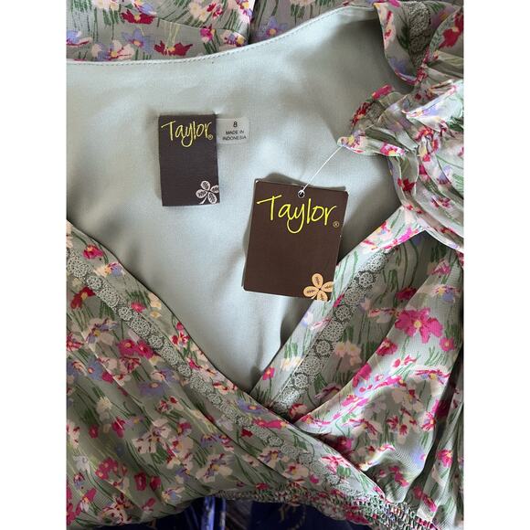 NEW Taylor Floral Print Chiffon Smocked A Line Summer Spring Dress Green Sz 8 - Picture 9 of 14